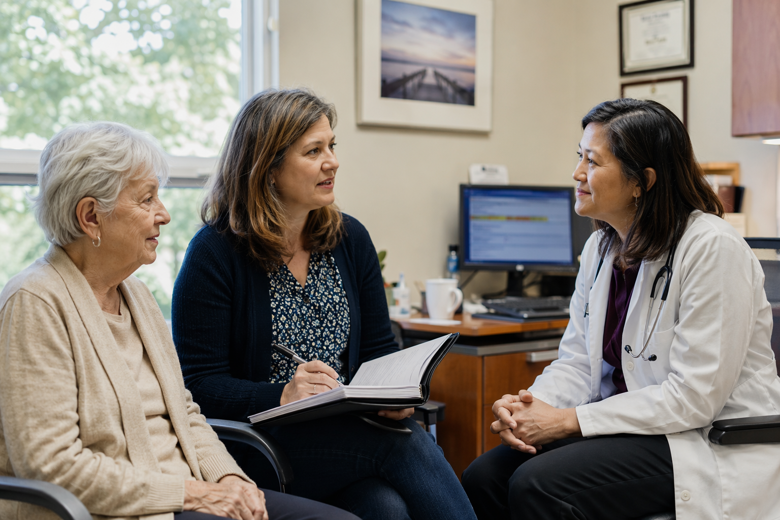 Adult daughter and elderly mother meet with a primary care doctor while the daughter holds notes
