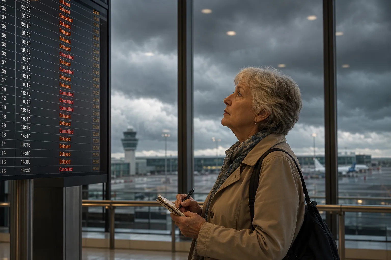 Senior woman checking delayed and canceled flights at an airport during stormy weather