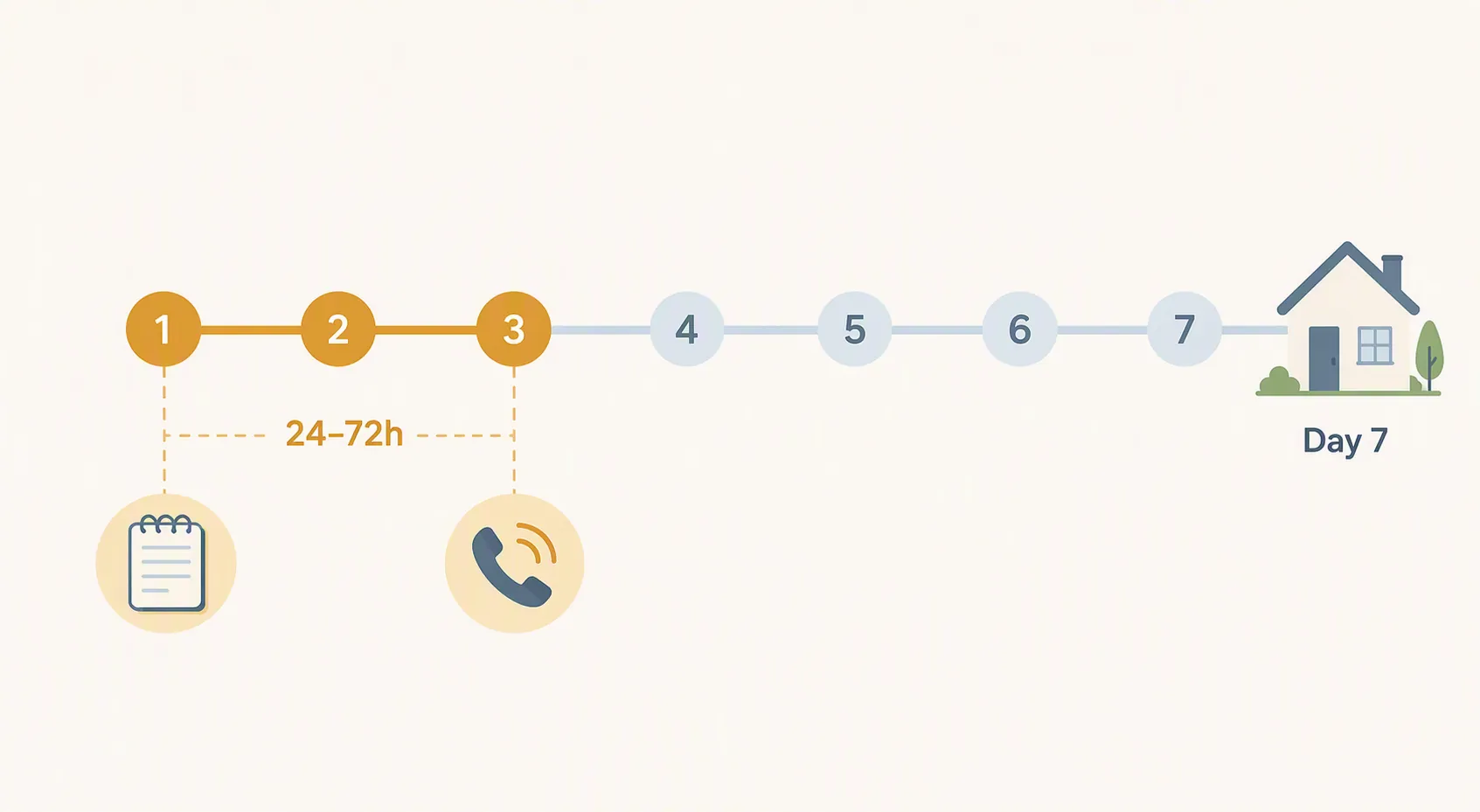 One-week timeline with the first 24 to 72 hours highlighted and day 7 marked