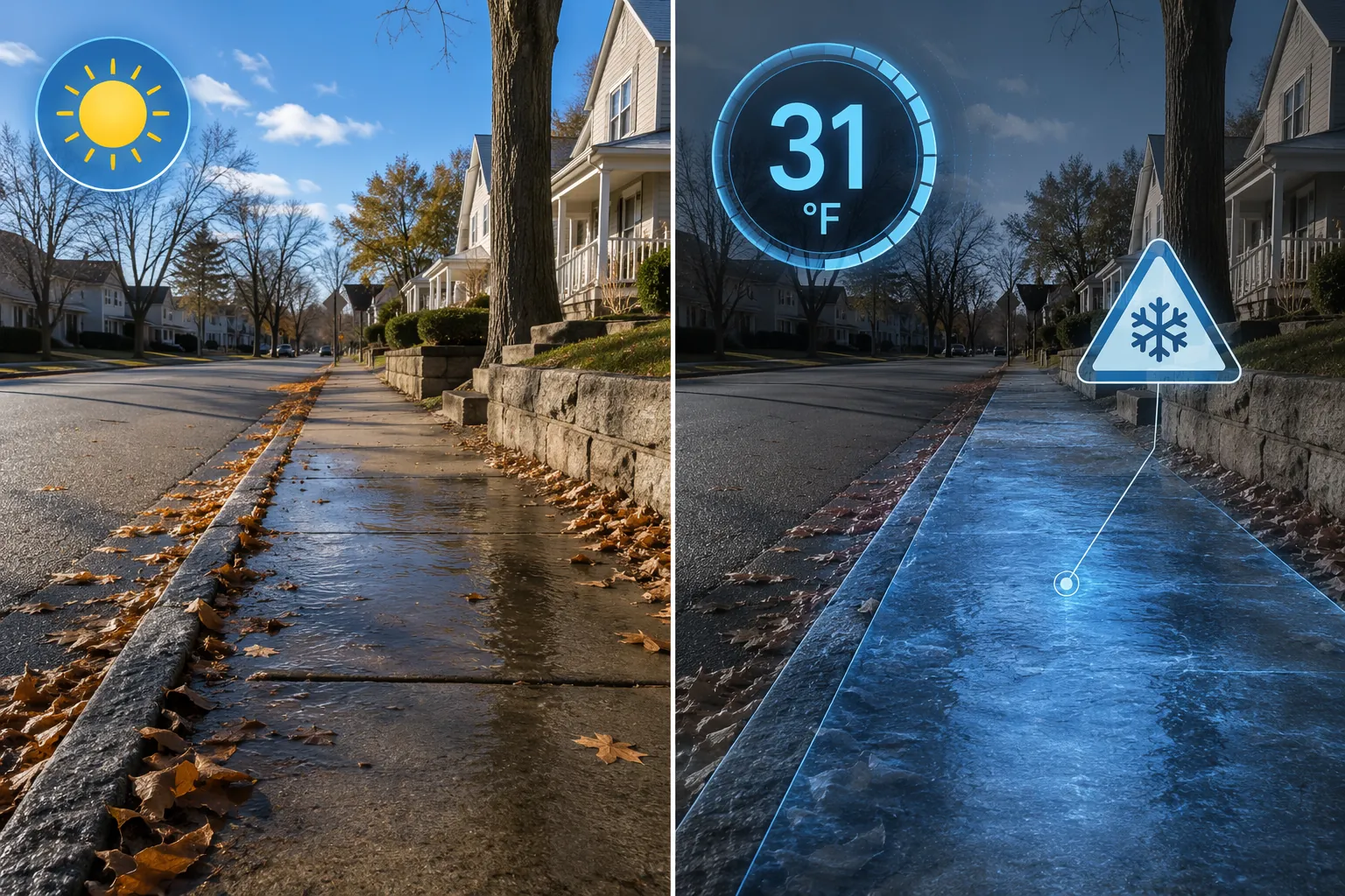 Sunny-looking sidewalk with wet leaves and a shaded curb contrasted with a pavement temperature overlay showing 31 degrees and possible invisible ice