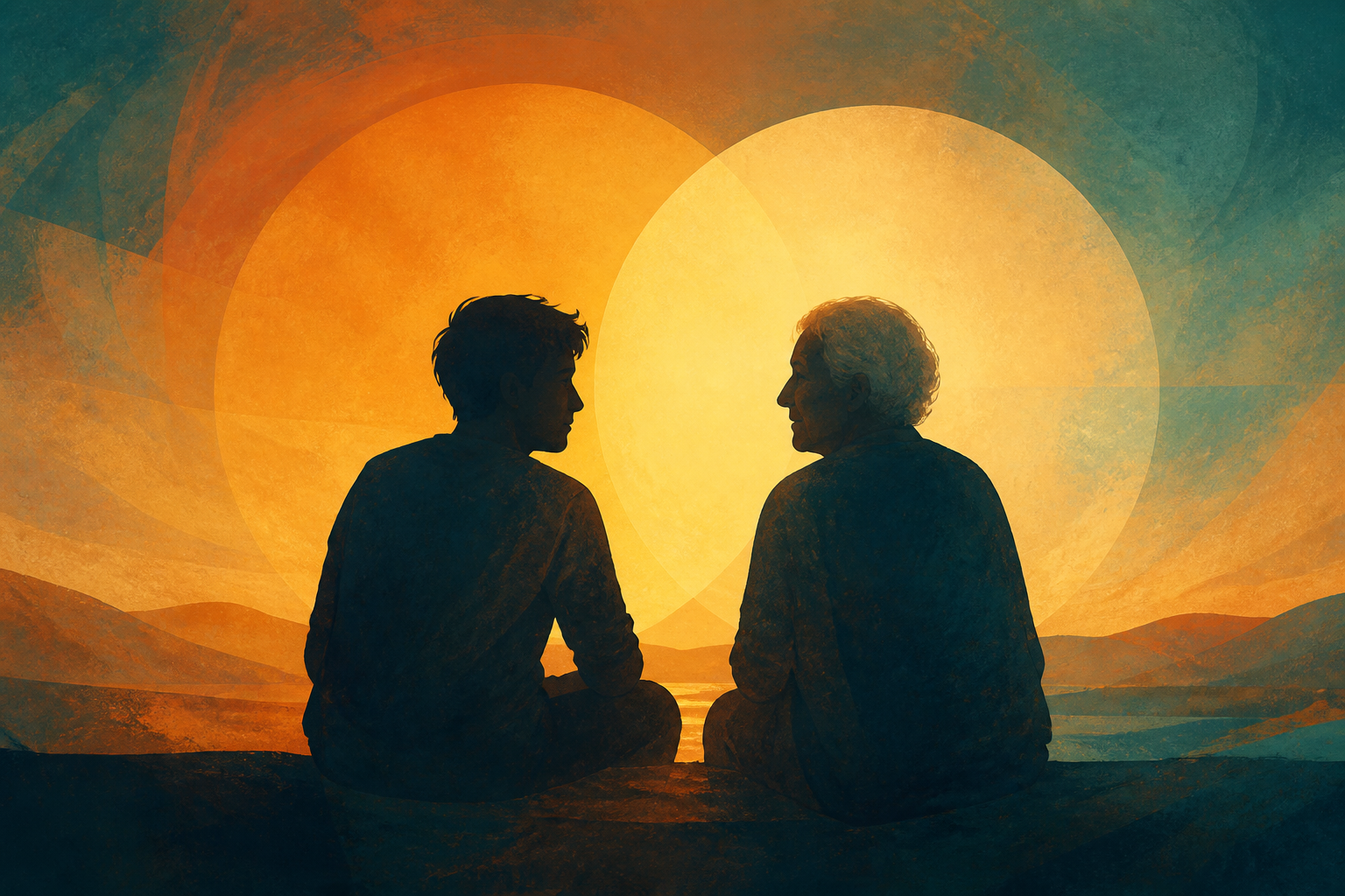 An abstract editorial illustration showing two human silhouettes — one younger, one older — standing side by side as equals on a calm horizon line, surrounded by warm amber and deep teal overlapping light.