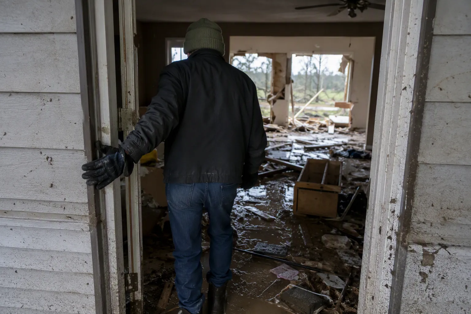 Older adult in sturdy boots and gloves pausing at the threshold of a wet, debris-covered tornado-damaged home