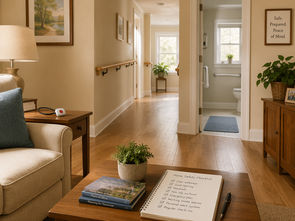 A calm, organized living room with clear walking paths, handrails along a hallway, a non-slip mat near a bathroom doorway, an emergency alert pendant on a side table, and an open checklist notebook on a coffee table.