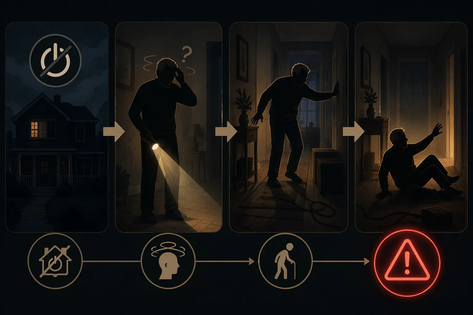 Infographic showing the dangerous chain from hurricane power outage to darkness, movement through obstacles, and fall risk