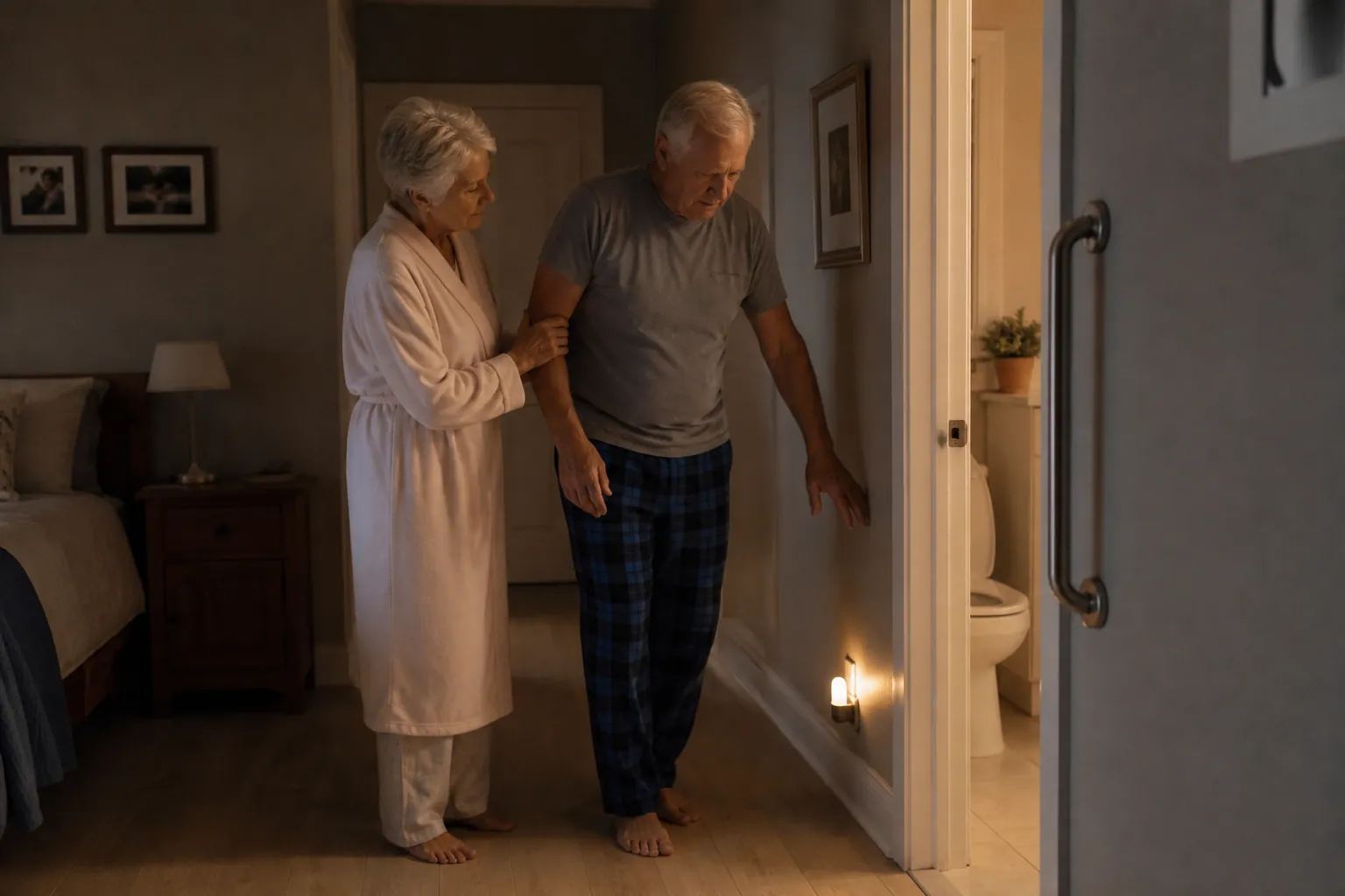 Older woman supporting her unsteady husband in a clear, dimly lit hallway at night
