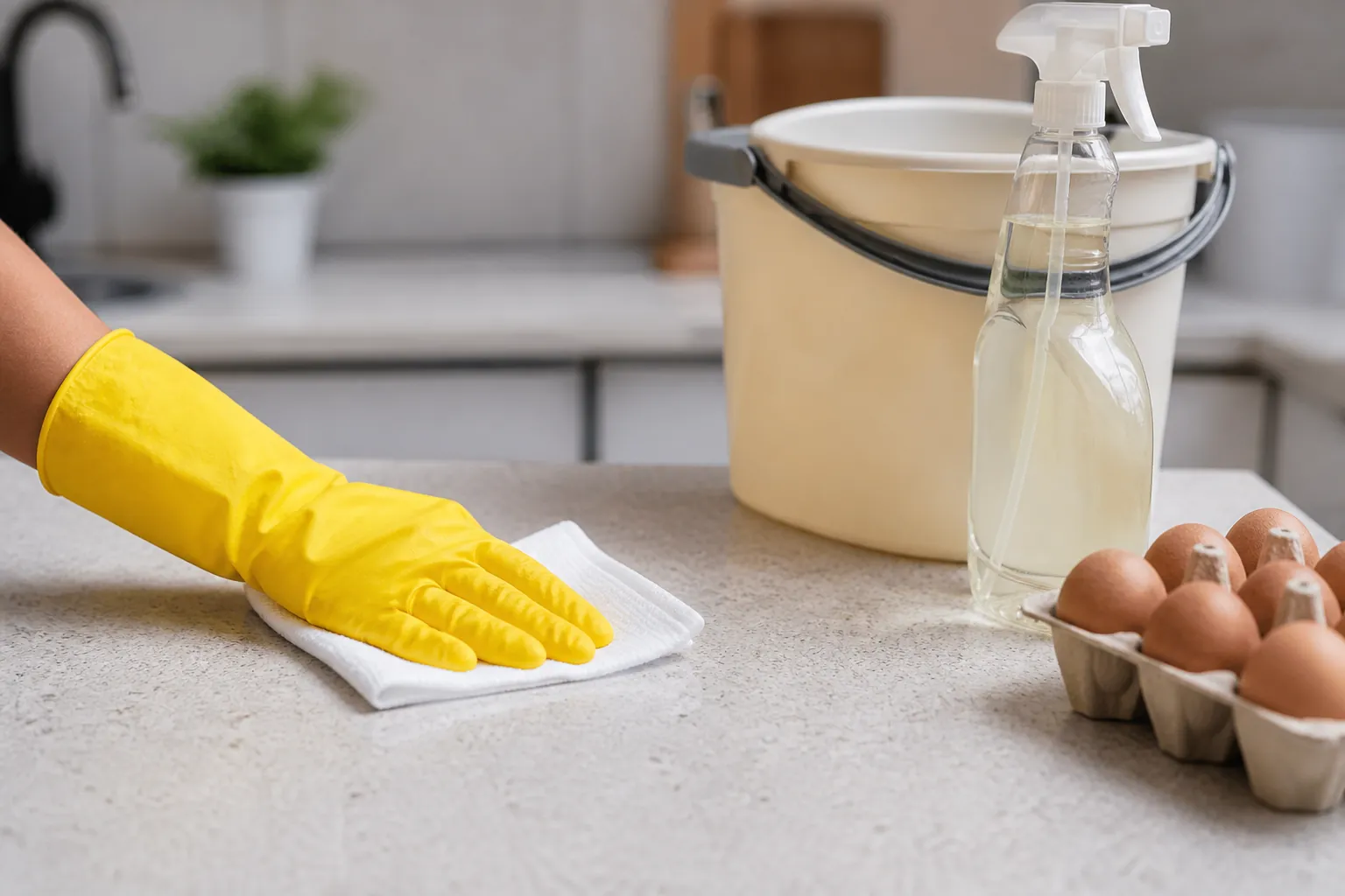 Rubber-gloved hand wiping a kitchen countertop near cleaning supplies and eggs