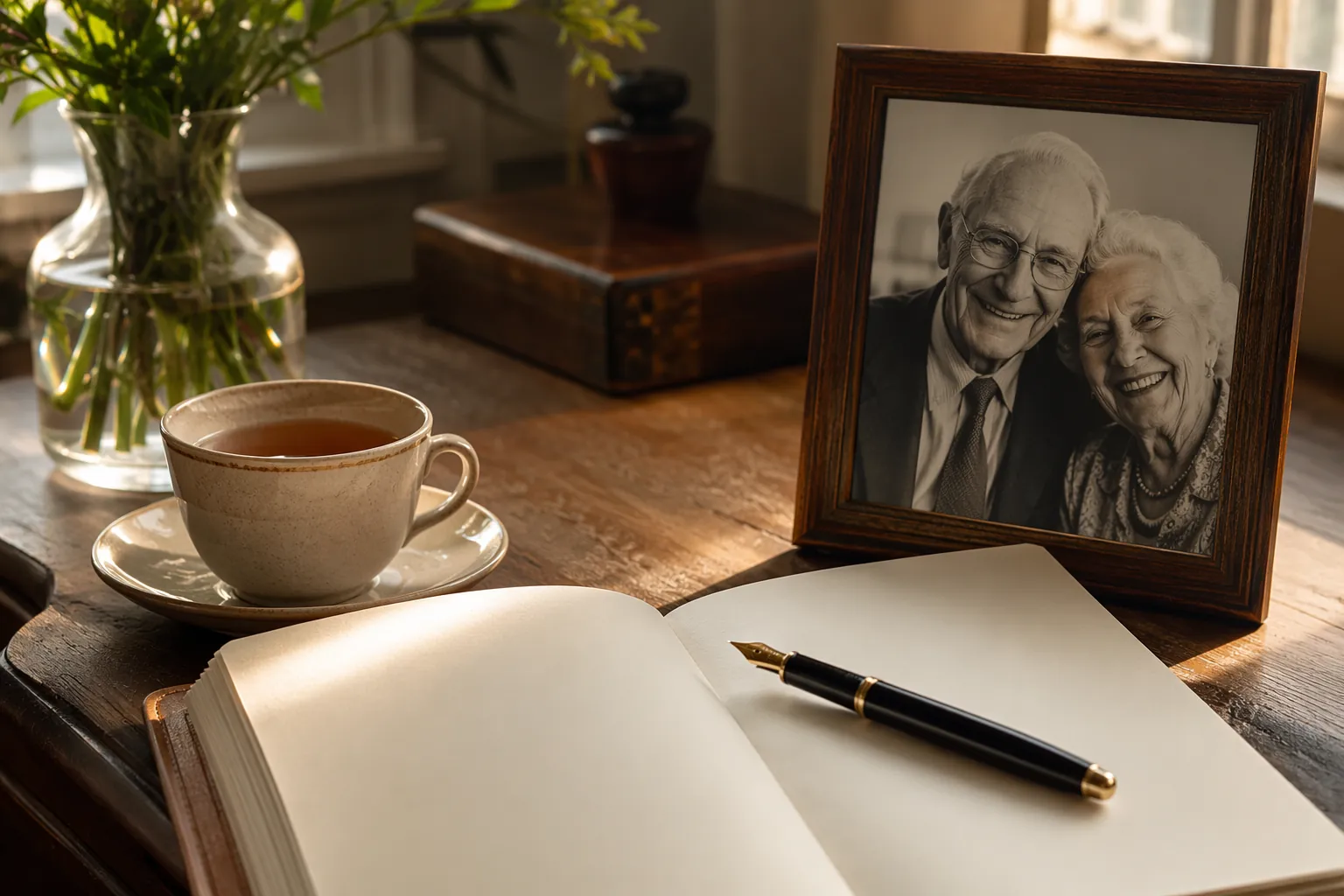 Open notebook and fountain pen beside a framed black-and-white photograph of an elderly couple