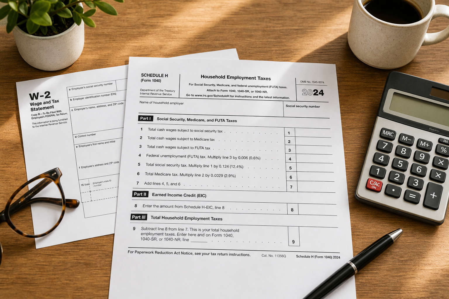 A flat lay photograph of a wooden desk with a partially visible IRS Schedule H form, a W-2 form, a calculator, a pen, and reading glasses, with warm natural lighting suggesting year-end tax filing for household employers.