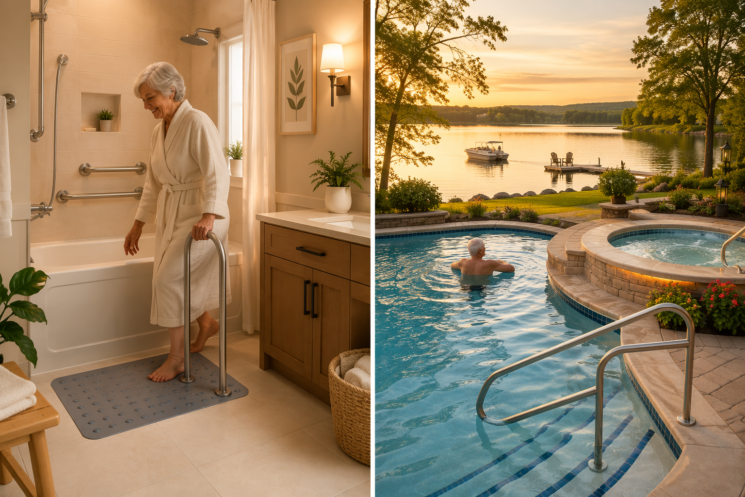 Two water hazard zones for seniors: a safer bathroom setup and recreational water areas including a pool, lake, and hot tub