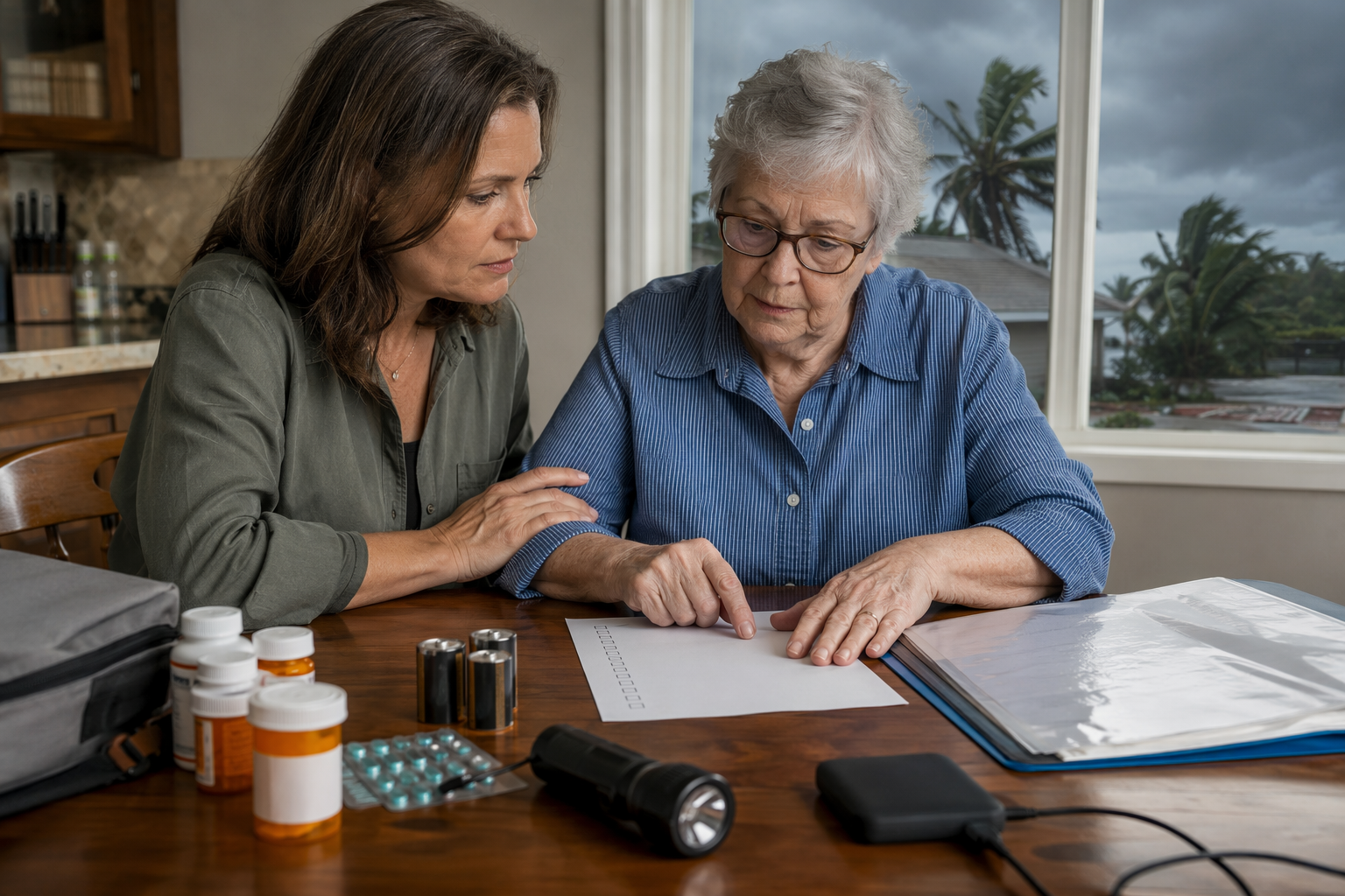 Adult child and elderly parent reviewing a hurricane preparedness checklist at a kitchen table