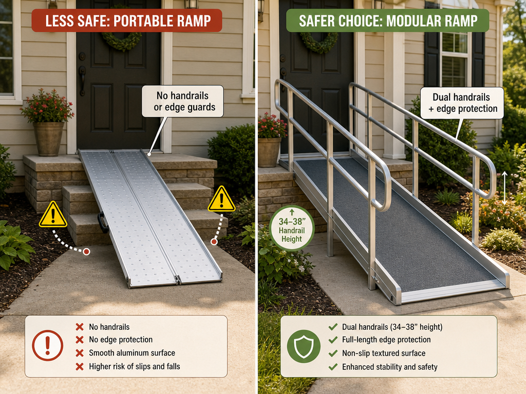Side-by-side safety comparison of two entryway ramps: left side shows a portable folding ramp over a 2-step stoop with no handrails and no side edge guards, with a caution icon; right side shows a permanent modular ramp with dual handrails at 34-38 inch height and raised edge protection curbs along the full ramp length, both in a residential outdoor setting.