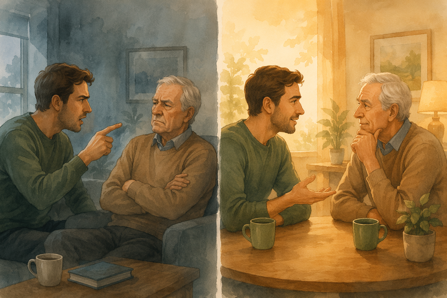 A split-scene editorial illustration contrasting two communication styles: on the left, an adult child points at a resistant parent with crossed arms and a defensive posture in cool tones; on the right, the same pair sit at a table with open body language and engaged expressions in warm tones — visually comparing a confrontational approach with a collaborative one.