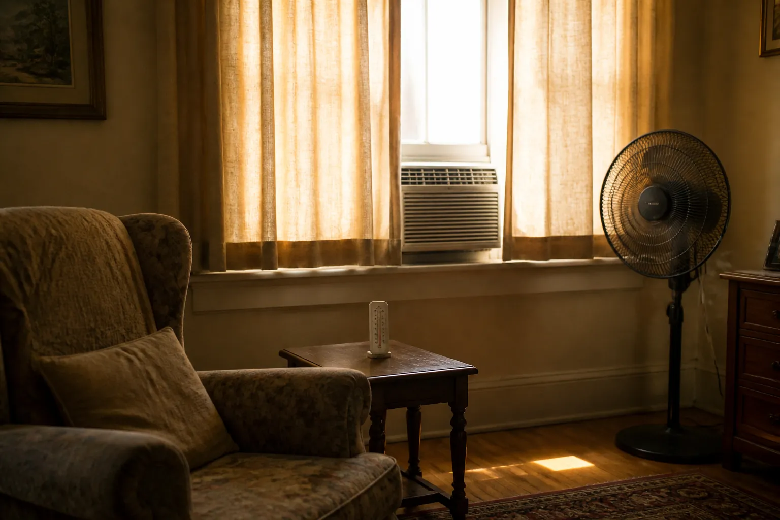 Sunlit living room with curtains drawn, an air conditioner switched off, and an indoor thermometer on a side table
