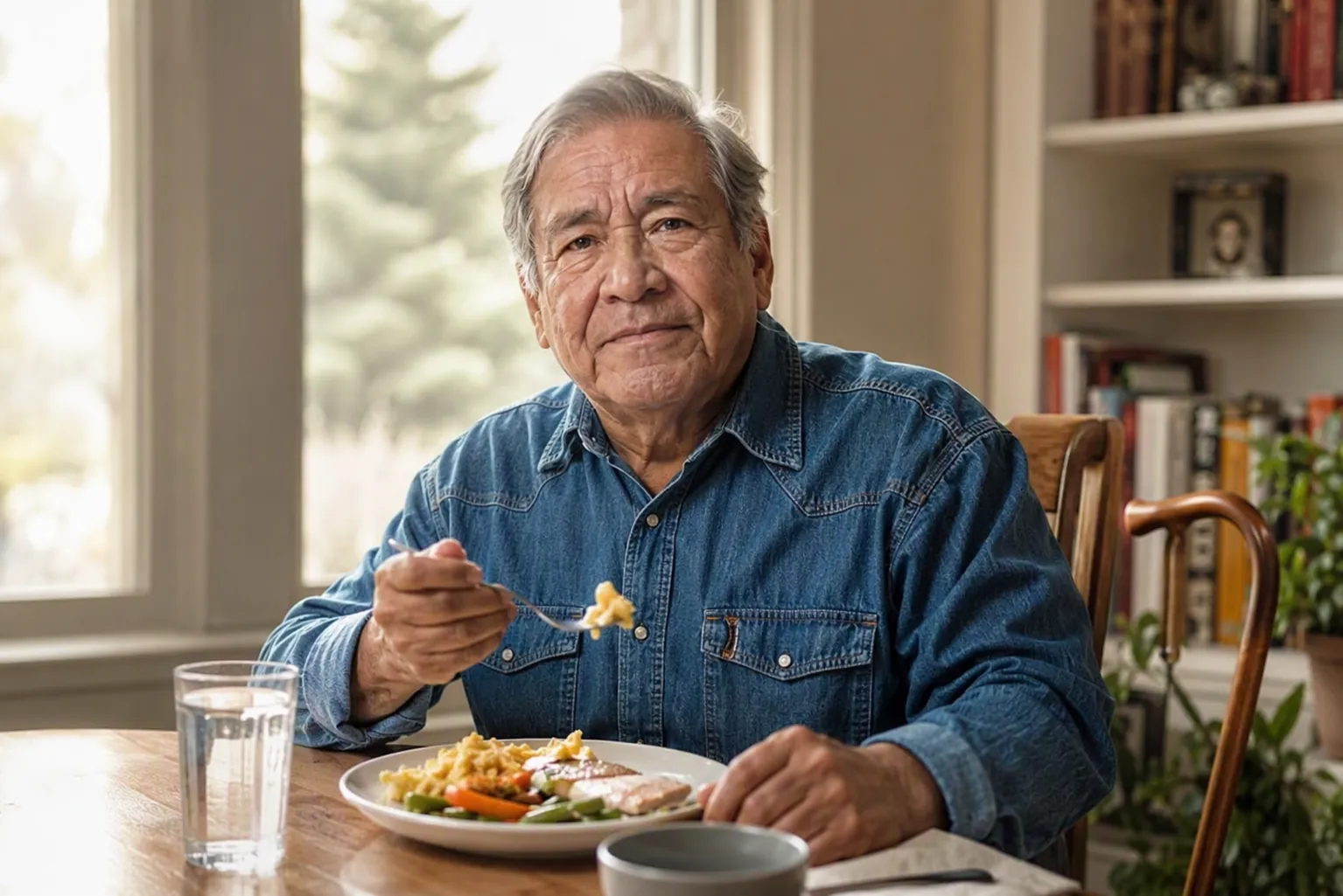 Older adult eating soft protein-rich food at a home table with a cane nearby during recovery