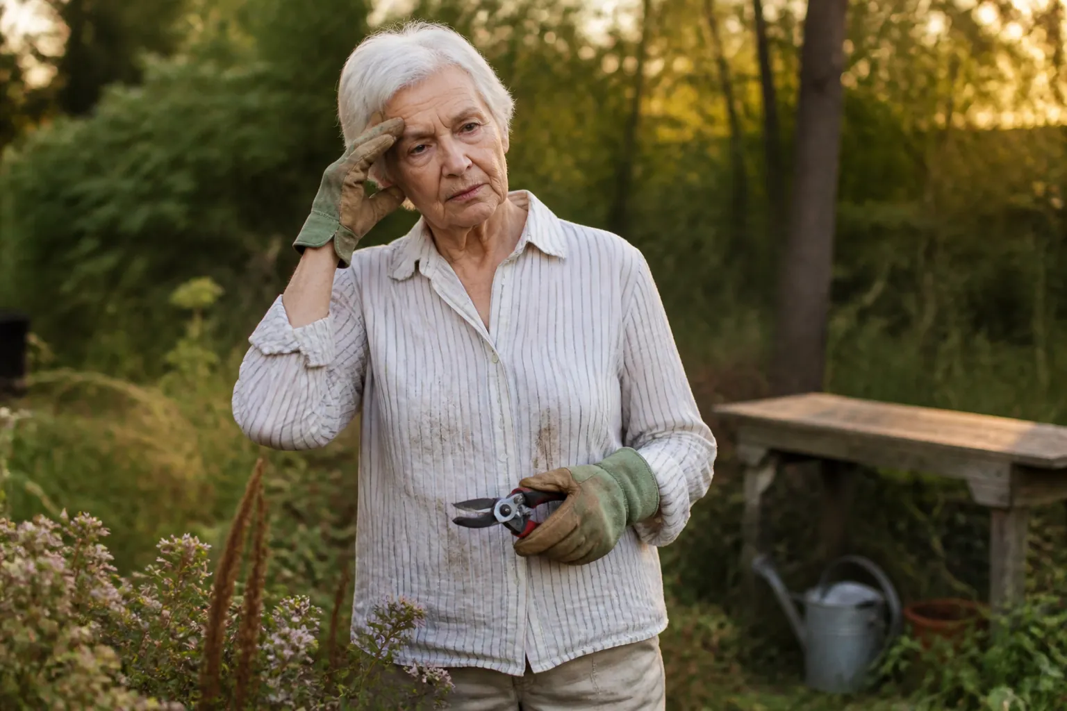 Older adult standing in a garden near a wooded area looking fatigued while holding pruning shears