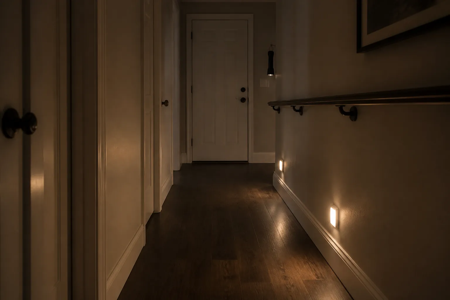 Clear hallway at night with handrail, glowing nightlights, and flashlight on a hook for a safer power-loss pathway