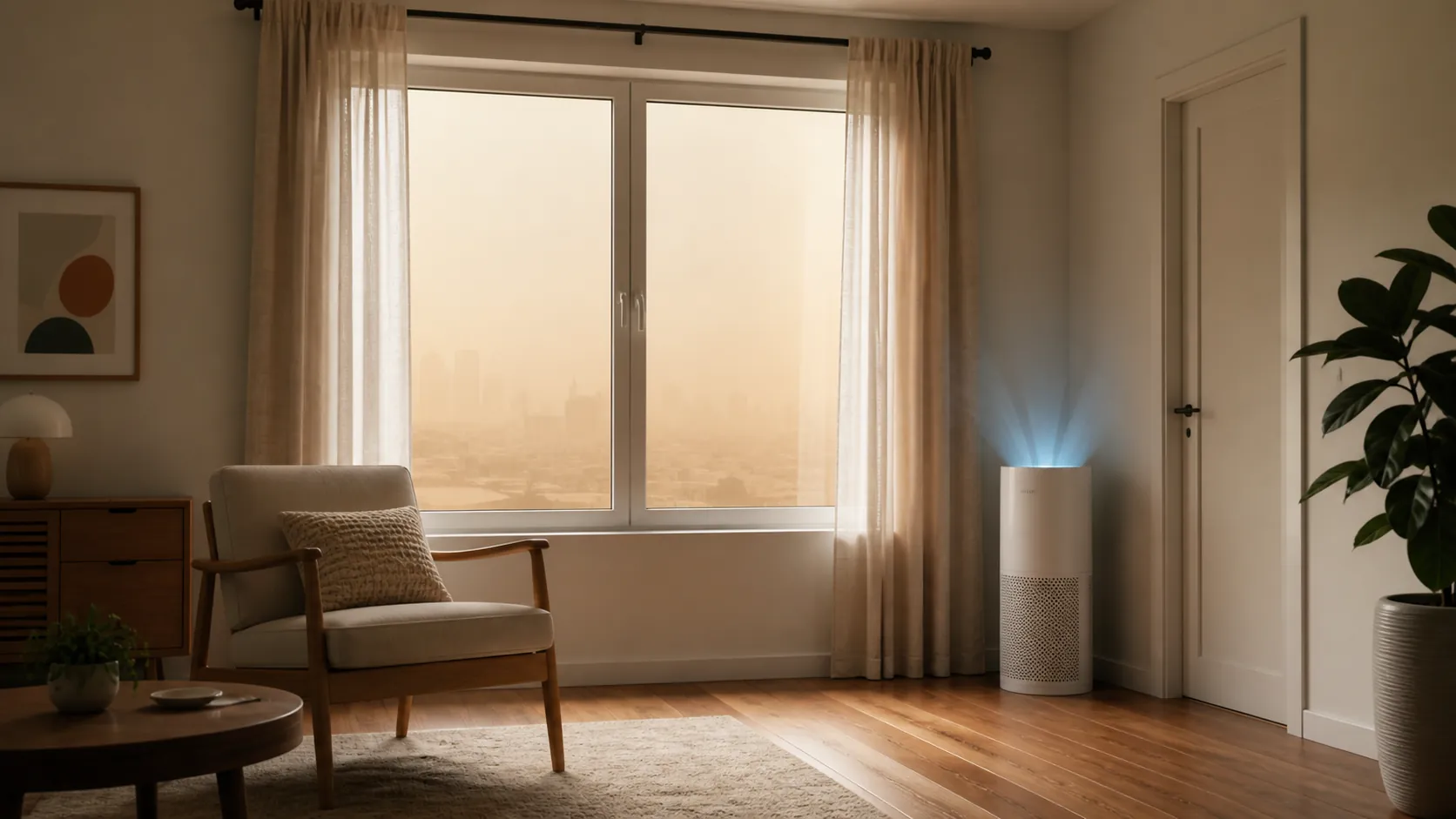 Closed living room window with dusty haze outside and an air purifier running indoors