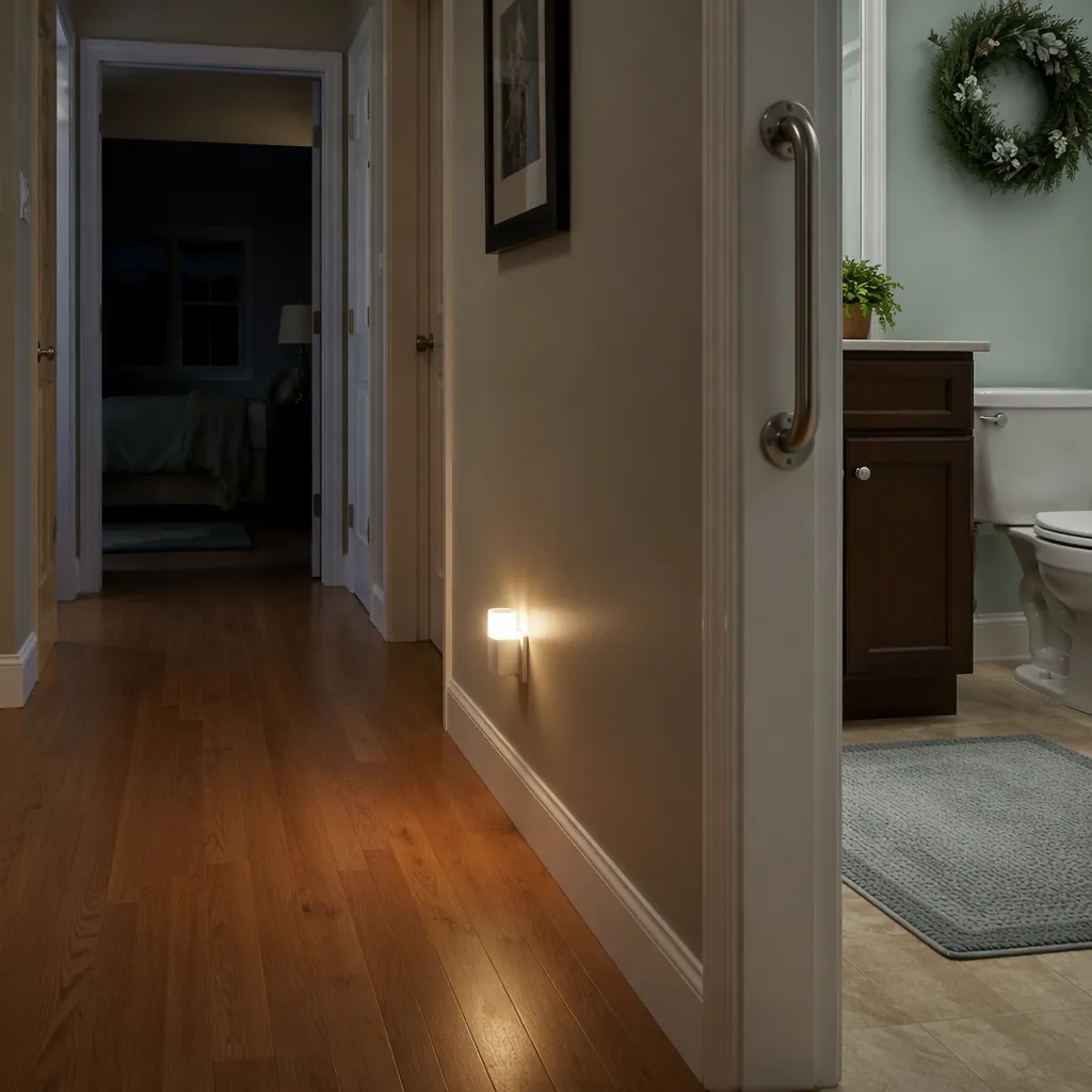 Night hallway and bathroom entrance with clear walkway, nightlight, grab bar, and non-slip mat