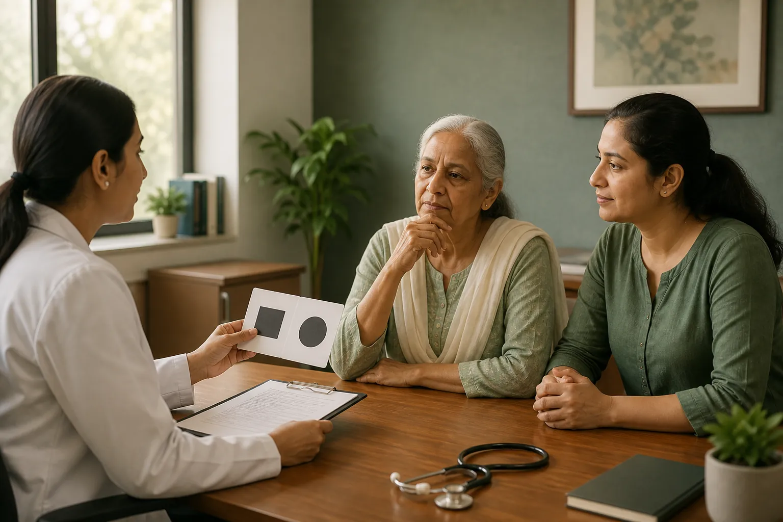 Clinician evaluating an older adult while an adult daughter listens during a primary-care visit