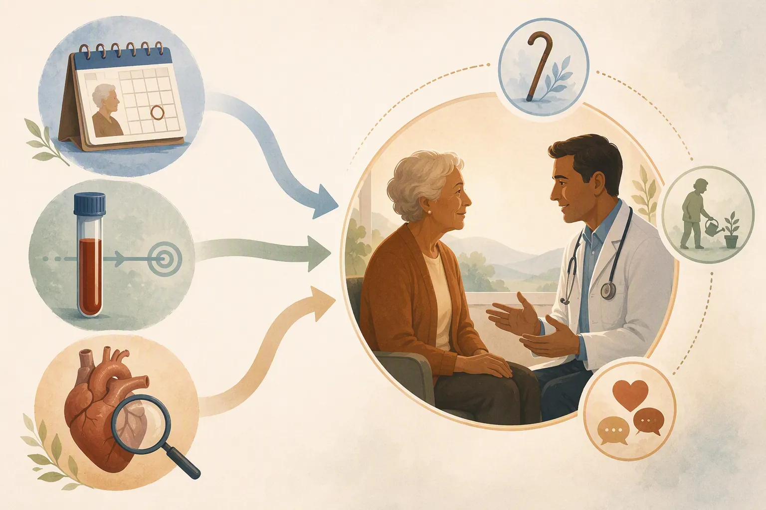 Illustration of statin eligibility, LDL targets, Lp(a) testing, and a doctor conversation about function and preferences
