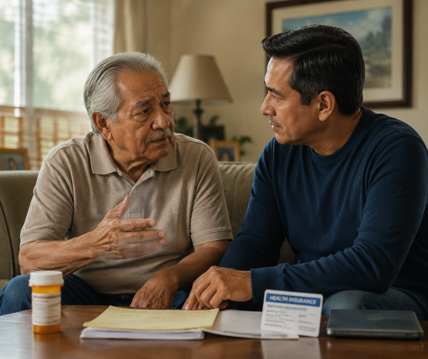 An older adult and an adult child discussing health care and insurance at home