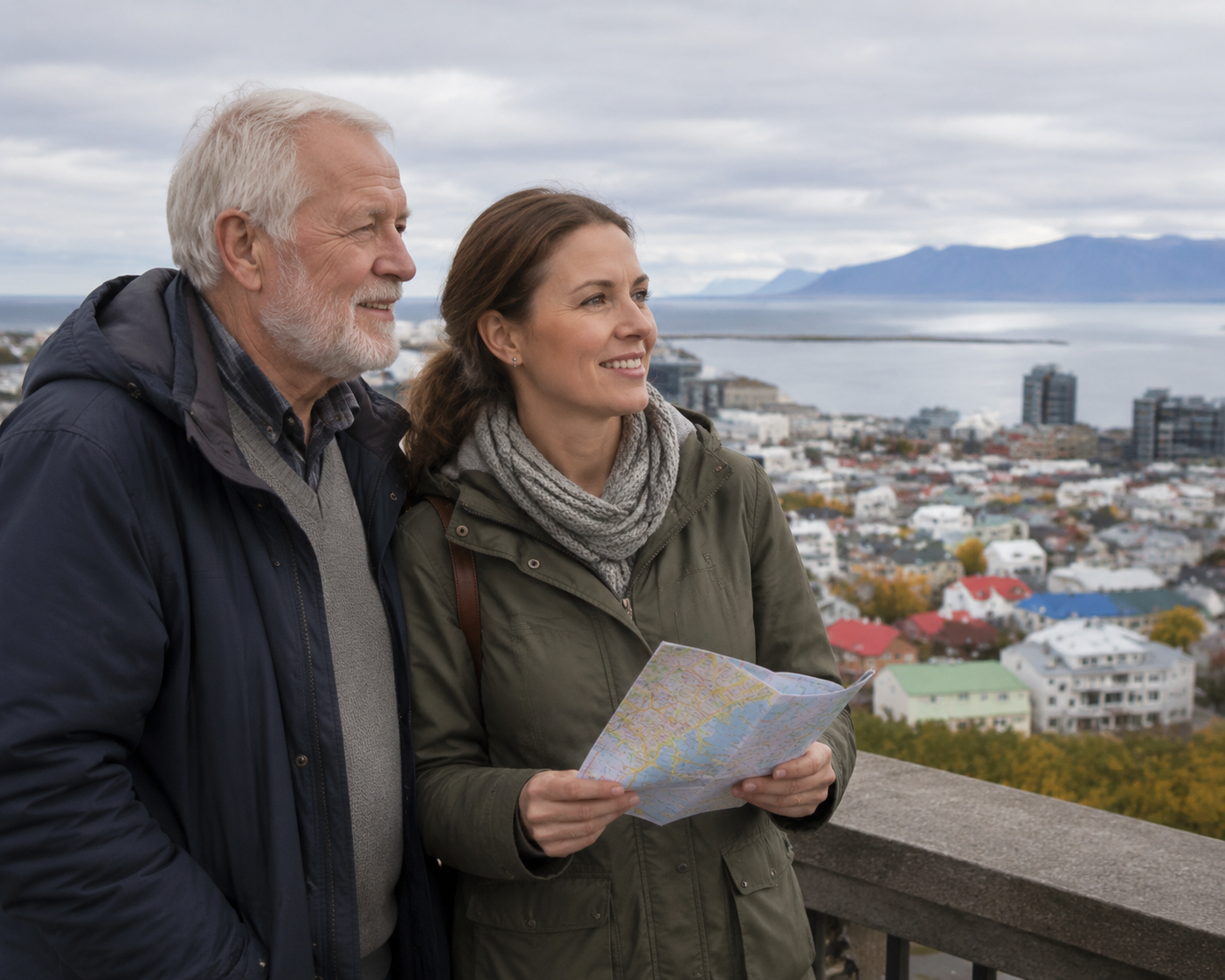 Adult daughter and elderly father at a Reykjavik viewpoint with colorful rooftops and mountains behind them