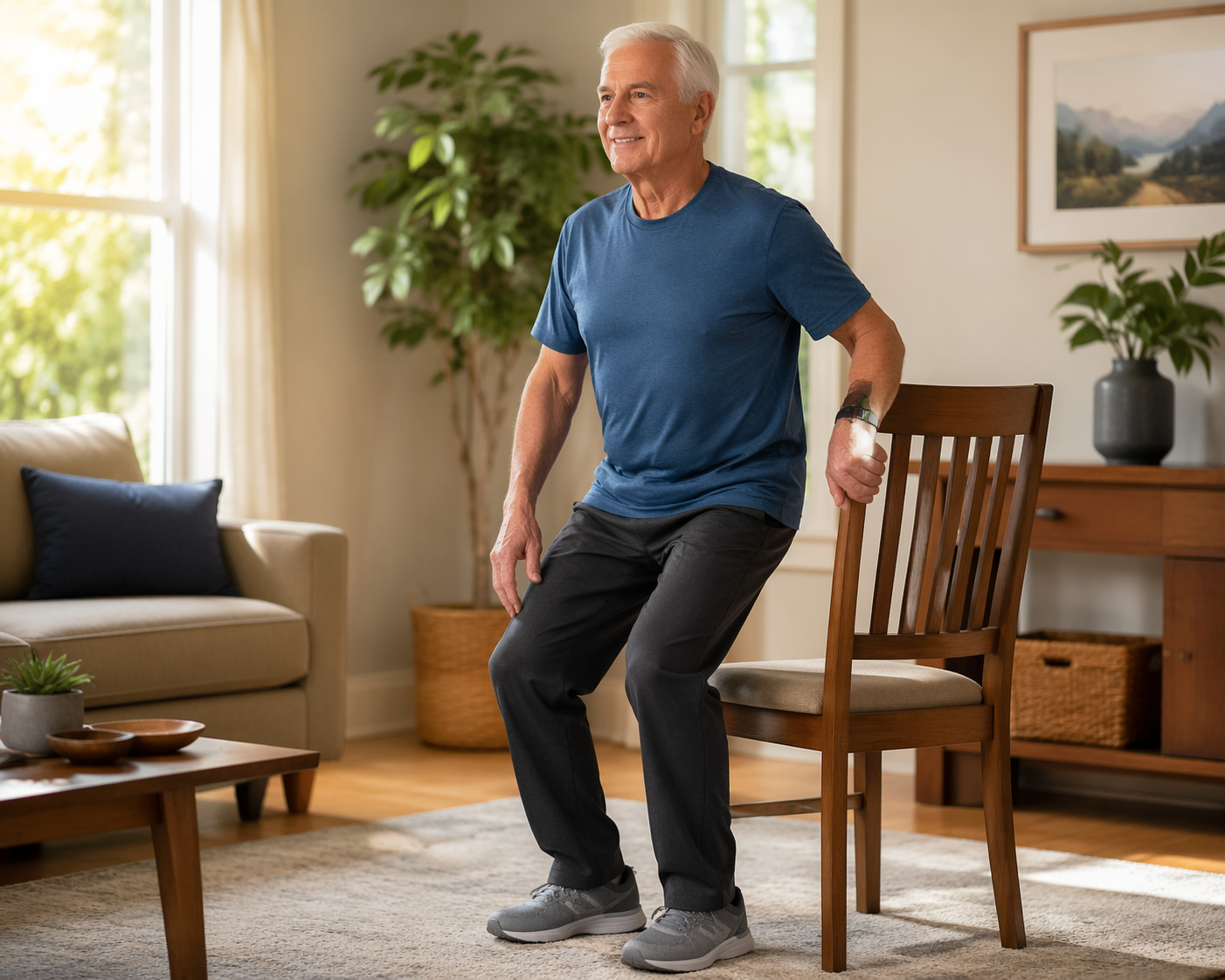 Older adult performing a supported sit-to-stand exercise with a sturdy wooden dining chair