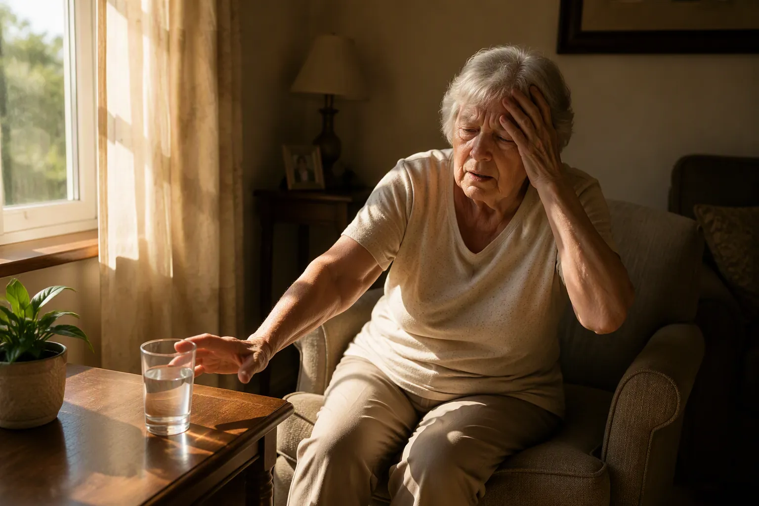 Older adult seated in a warm sunlit room reaching toward a water glass while appearing dizzy