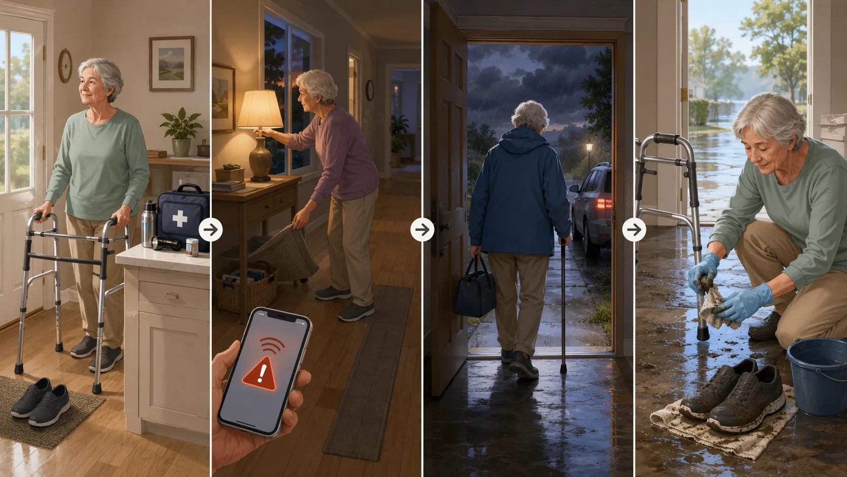Four-scene illustration showing a walker, emergency kit, cleared hallway, evacuation path, and cleaning mud from shoes and walker tips