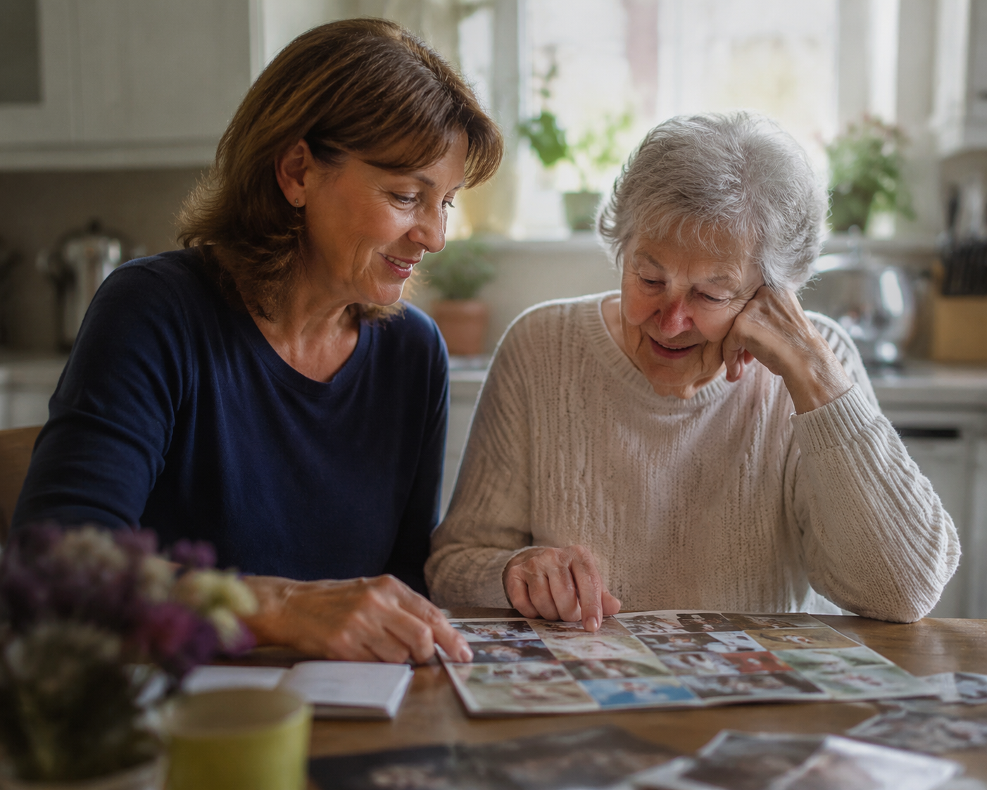 A middle-aged daughter and her elderly mother looking at a simple photo collage together at a kitchen table