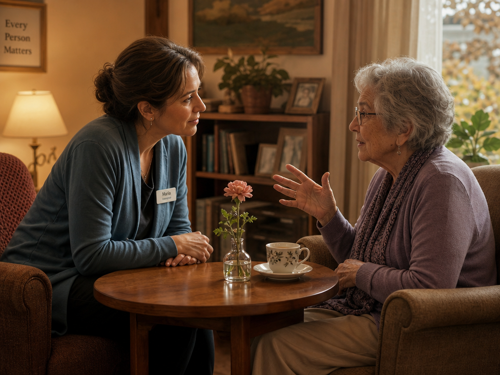A caregiver leaning forward with a calm, attentive expression while sitting face-to-face with an older adult at a small table in a softly lit room with warm earth tones, a cup of tea and a single flower between them, conveying empathetic listening and emotional connection.