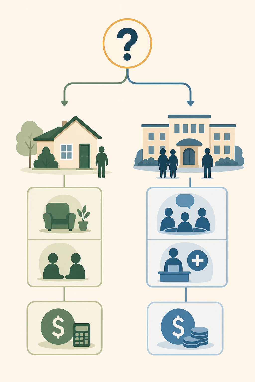 A flat vector editorial illustration showing a decision tree with two pathways: one leading to a house icon with single-person silhouette, the other leading to a building icon with multiple person silhouettes, with benefit icons at the bottom of each branch