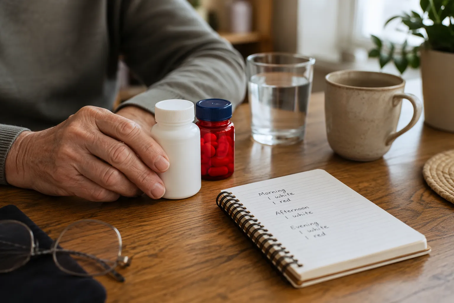 Pill bottles and a handwritten medication notebook on a kitchen table