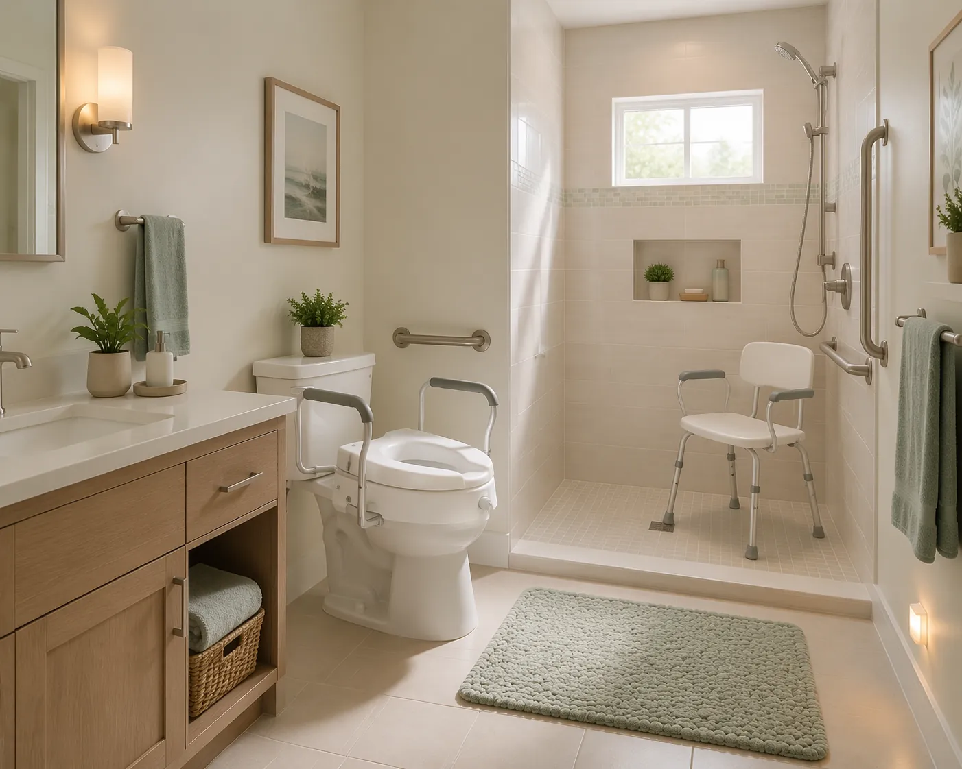 Bathroom with raised toilet seat, grab bars, shower chair, hand-held showerhead, non-slip mat, and nightlight