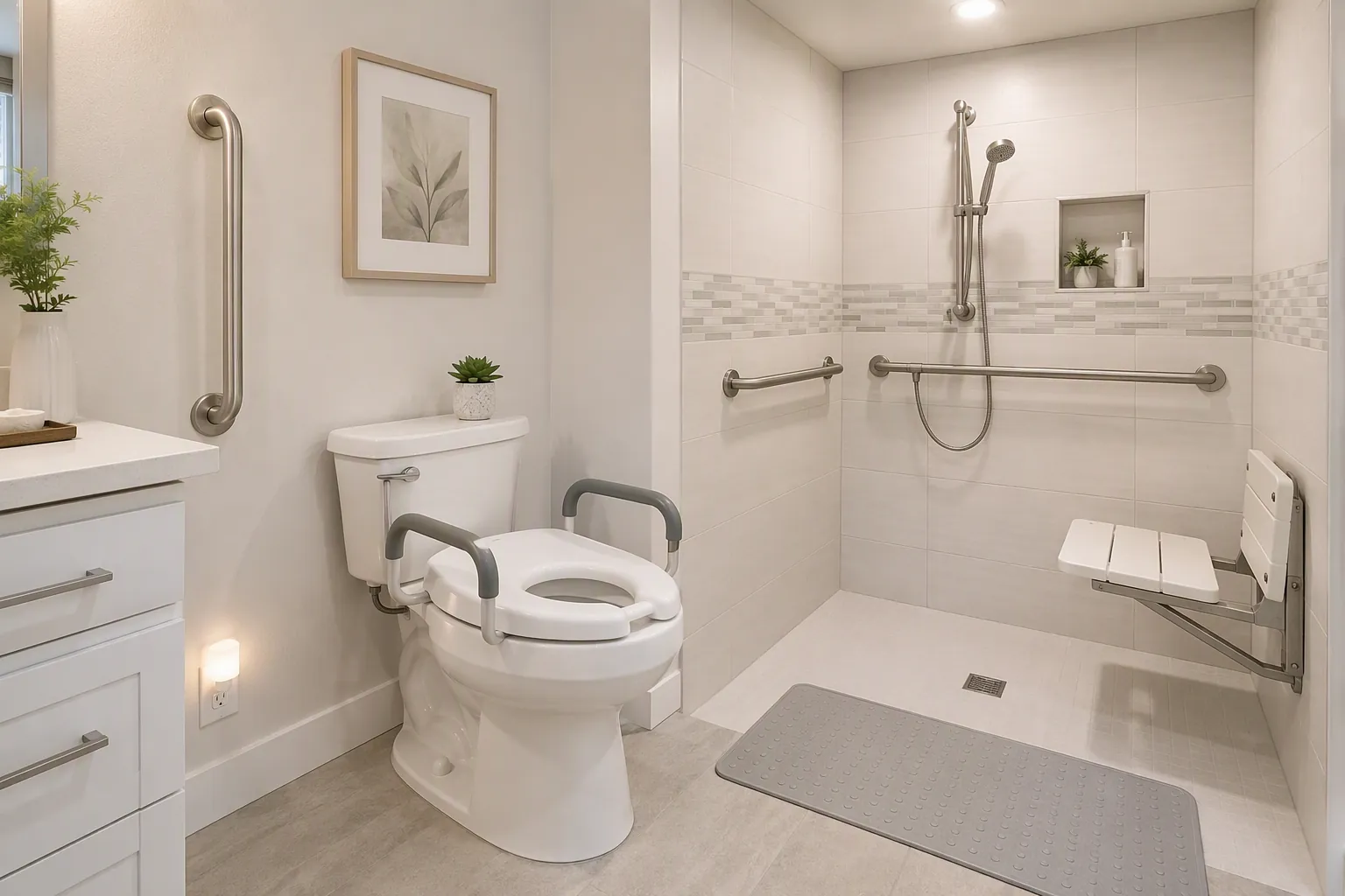 A Parkinson's-safe bathroom with grab bars, raised toilet, shower seat, handheld showerhead, and night lighting