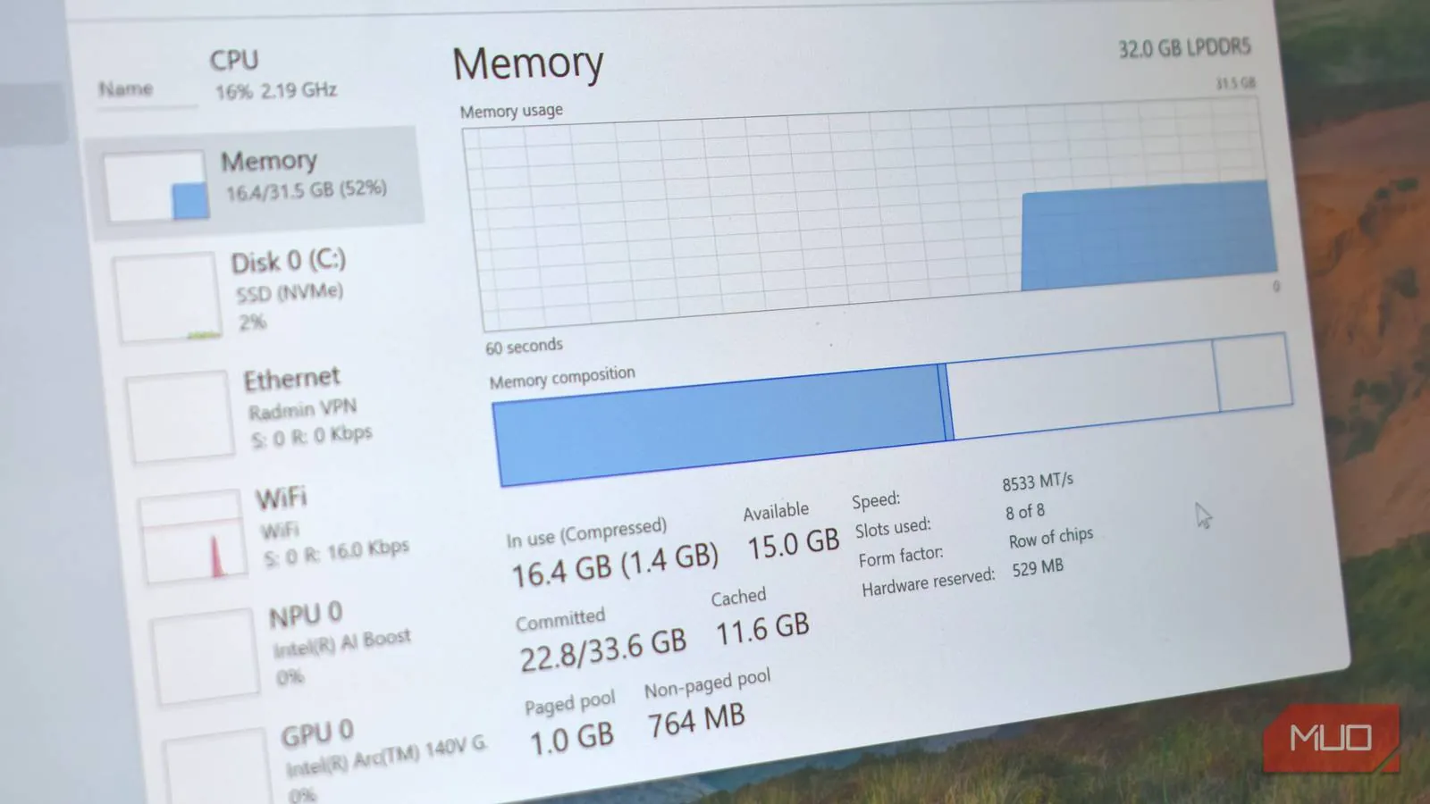 Windows Task Manager Memory panel showing RAM usage and a live performance graph