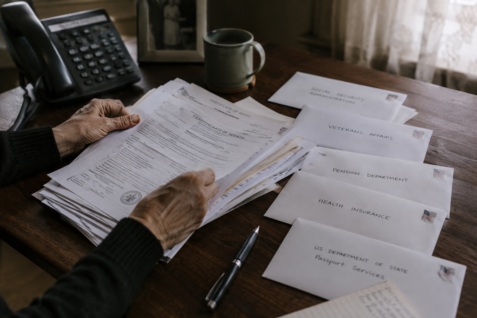 Hands sorting official documents and envelopes beside a telephone on a wooden desk