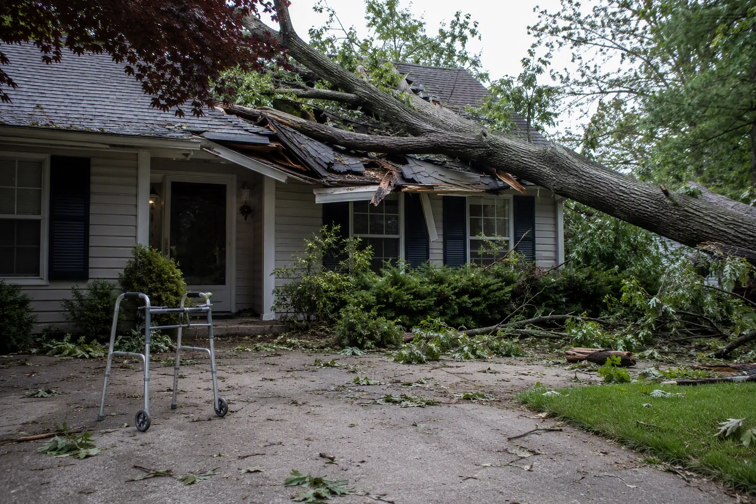 A fallen tree on a one-story home with a walker near the driveway entrance