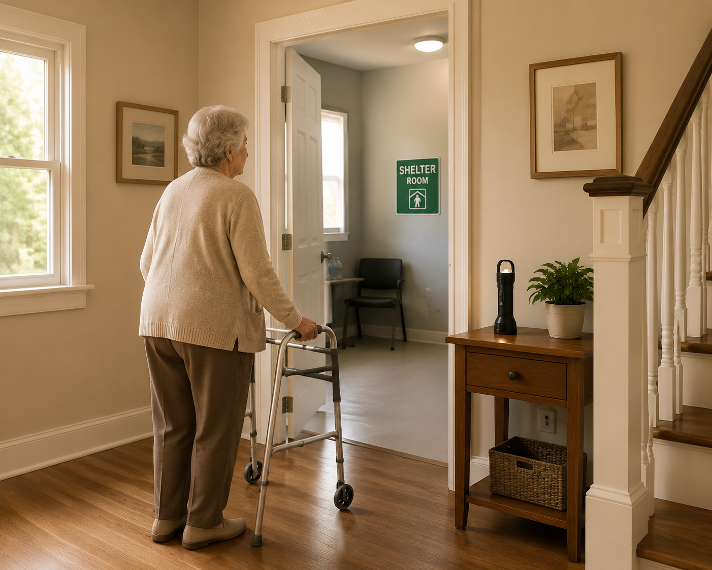 Senior woman with a walker in a clean hallway with a flashlight ready on a side table