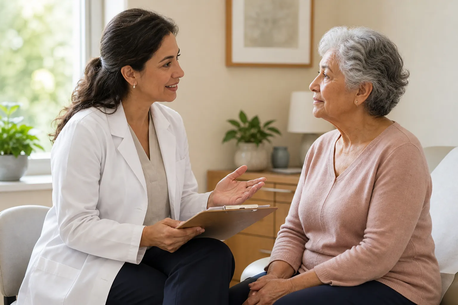 Clinician sitting beside an older woman in an exam room and discussing follow-up after a home safety concern