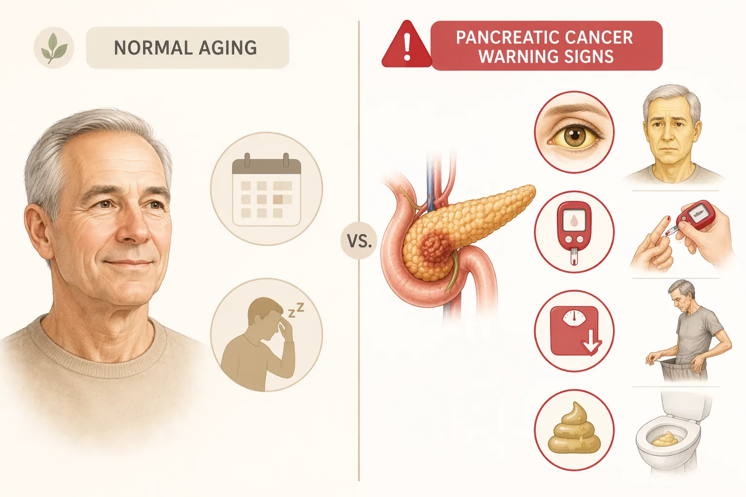 Visual comparison of normal age-related changes and warning signs such as jaundice, new diabetes, weight loss, and digestive changes