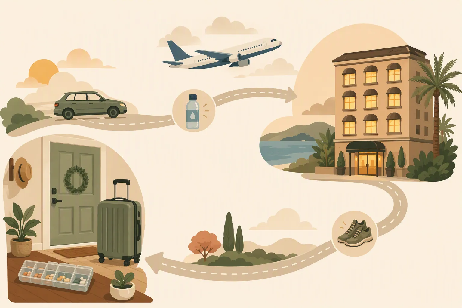 Illustration of a holiday trip route from home to travel to hotel and back home