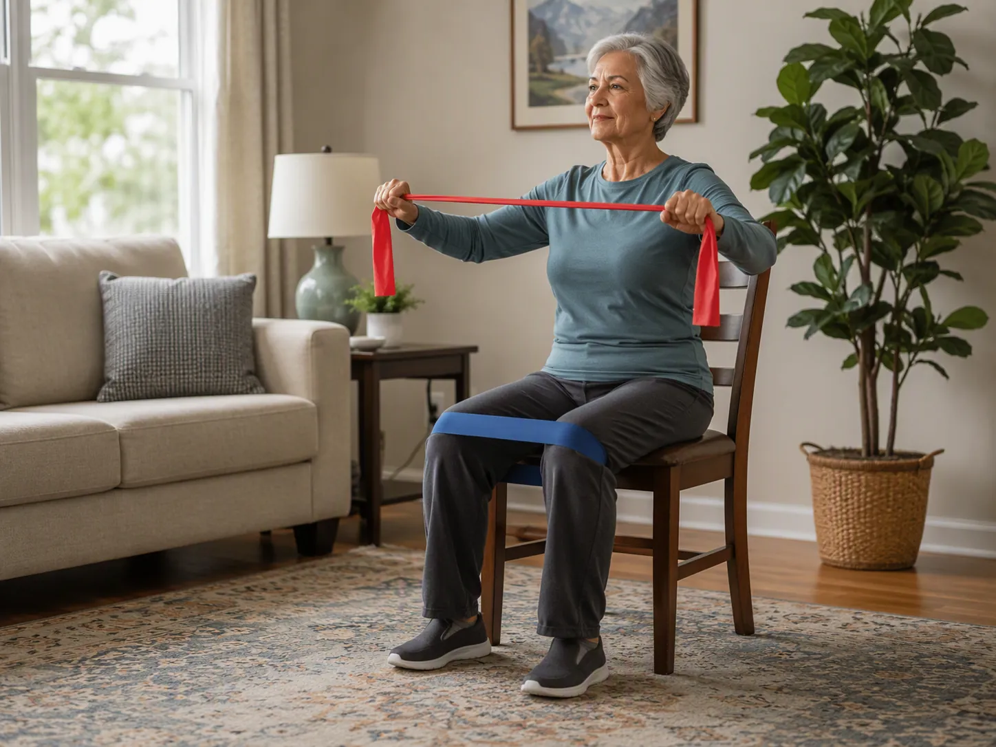 Older adult seated in a living room doing resistance-band exercises