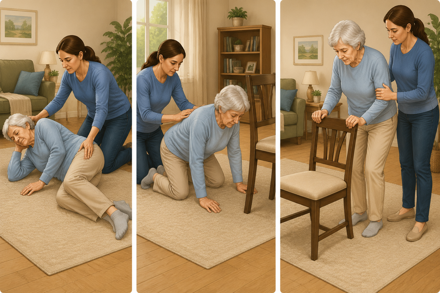 Three-panel illustration of rolling to the side, moving to hands and knees near a sturdy chair, and standing slowly with caregiver support