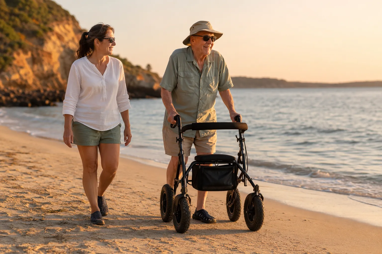 Older adult using an all-terrain walker on a sandy beach while walking beside an adult caregiver