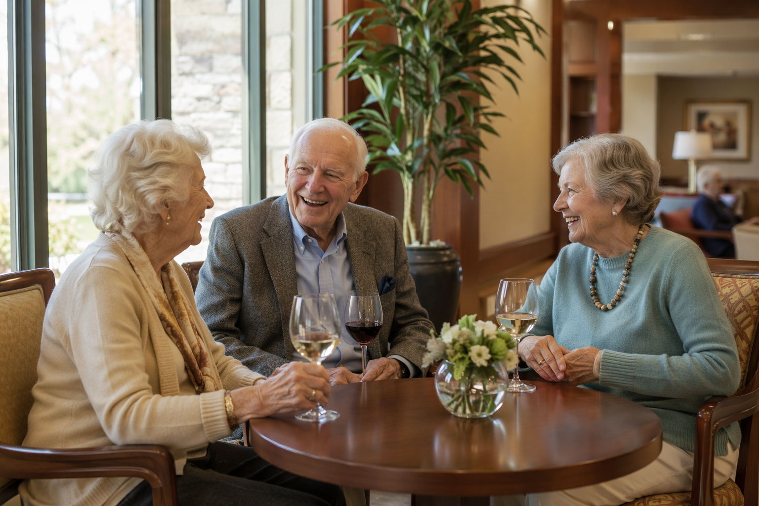 Older adults talking and holding wine glasses in a bright senior living lounge