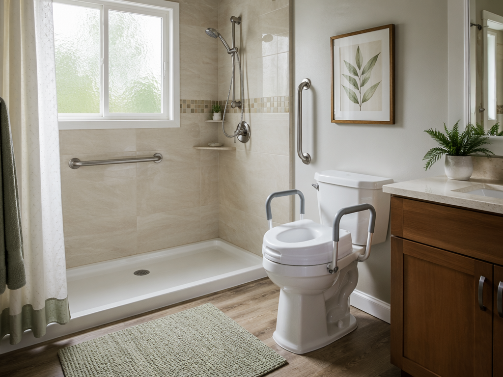 Bathroom with grab bar beside the toilet, raised toilet seat, non-slip mat, and handheld showerhead