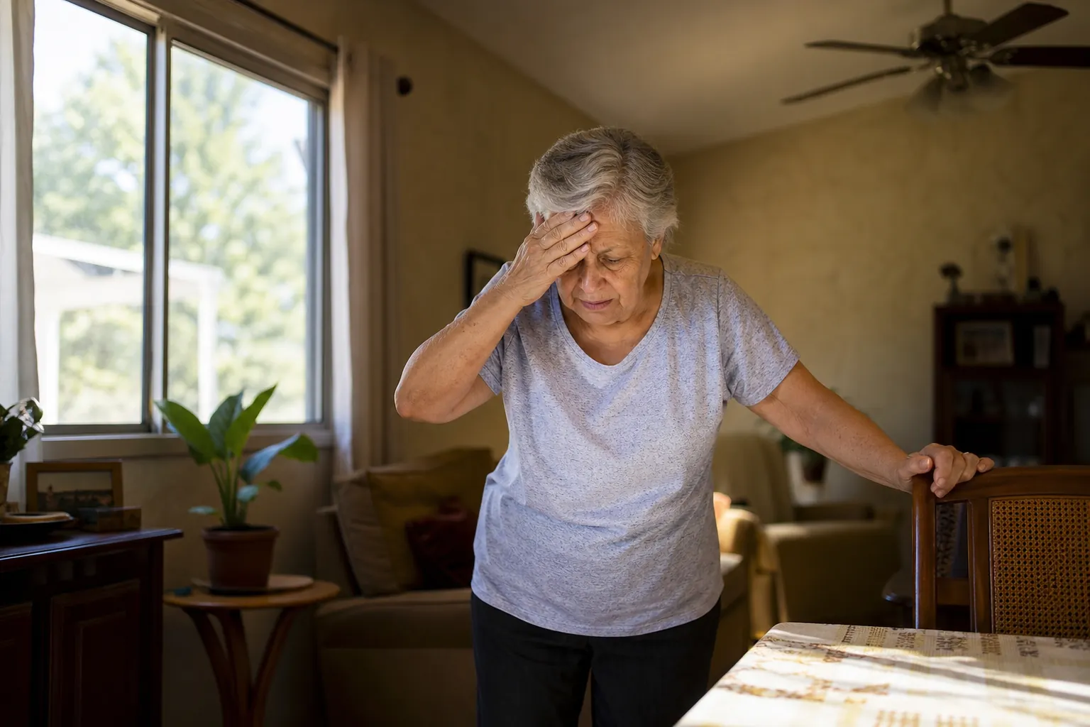 Older woman in a warm living room reaching for a chair while touching her forehead