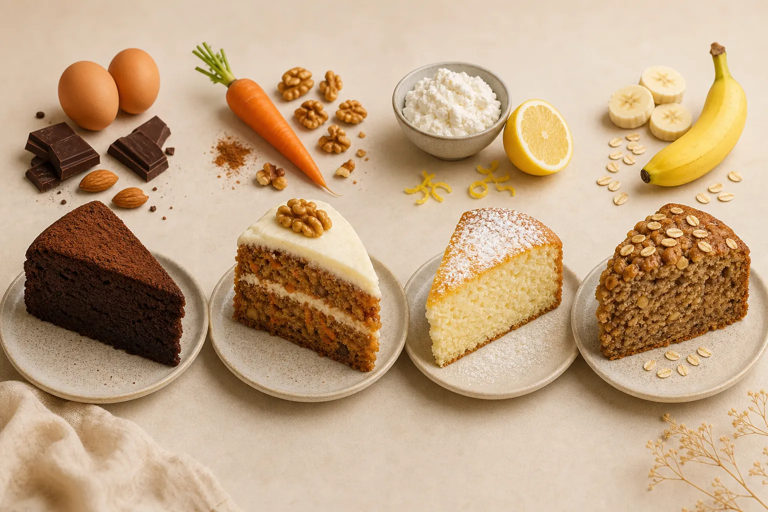 Four gluten-free cake slices showing flourless chocolate, carrot almond, lemon ricotta, and banana oat options