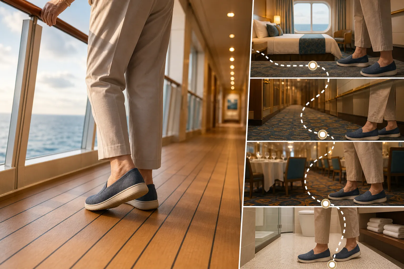 Elderly passenger wearing non-slip shoes on a cruise ship deck with cabin, corridor, dining, and bathroom safety cues